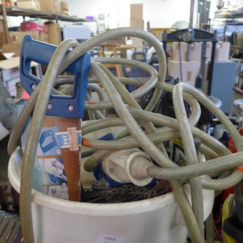 2459 - Bucket of builder's consumables and tools: brackets, extension lead, chisels, brackets, etc.