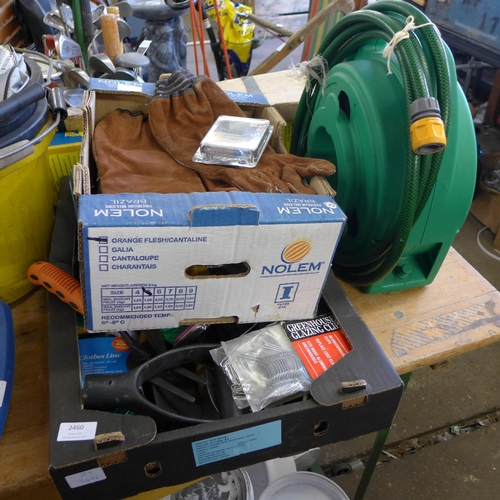 2460 - Job lot of gardening tools: hose on reel, weeding tool, qty of suede pruning gloves and various cons... 