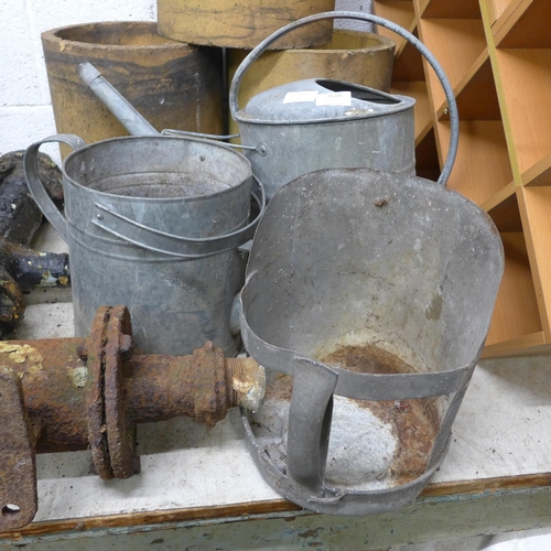 2519 - Galvanised LD&S England watering can, water bucket/butt and coal scoop