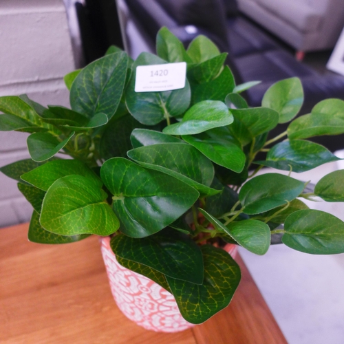 1420 - A faux green plant in a Moroccan tile pattern pot (63098104)