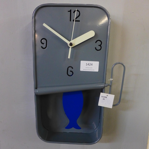 1424 - A grey metal sardine tin wall clock, H 30cms (HKL1110)   #