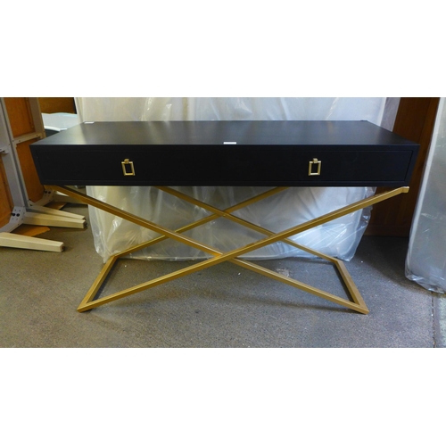 1568 - A black two drawer console table with gold legs