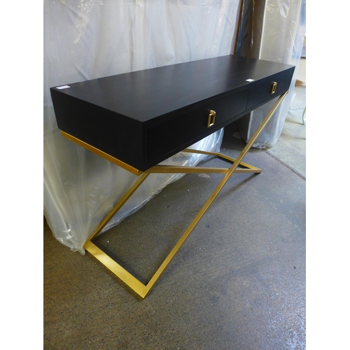 1568 - A black two drawer console table with gold legs