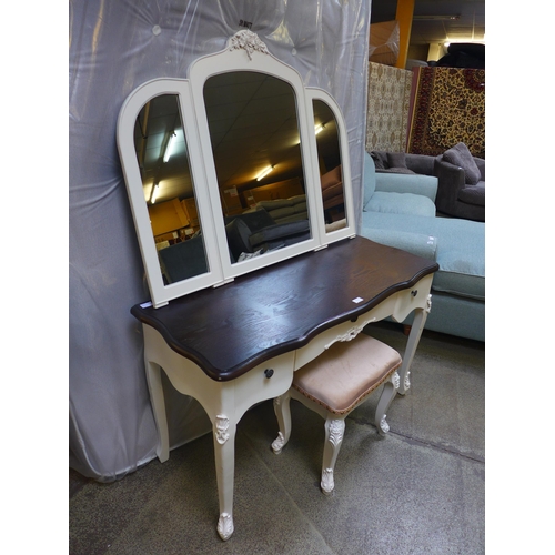 1573 - A white painted dressing table with contrast top and upholstered stool