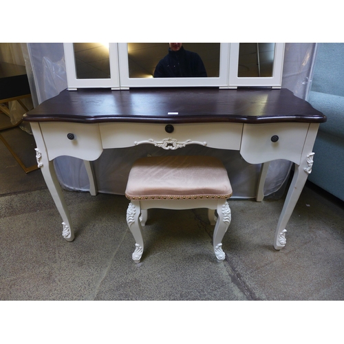 1573 - A white painted dressing table with contrast top and upholstered stool