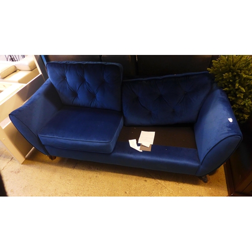 1655 - A deep ocean blue velvet three seater sofa - tear on front of sofa and a deep ocean blue velvet thre... 