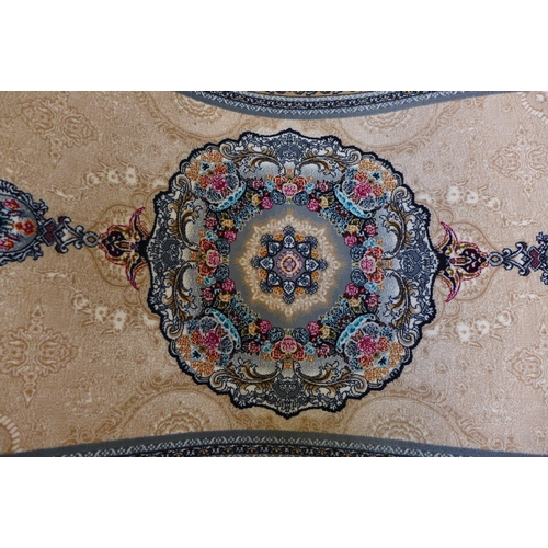 1586 - A cream ground fine woven Iranian full pile runner, unique medallion design