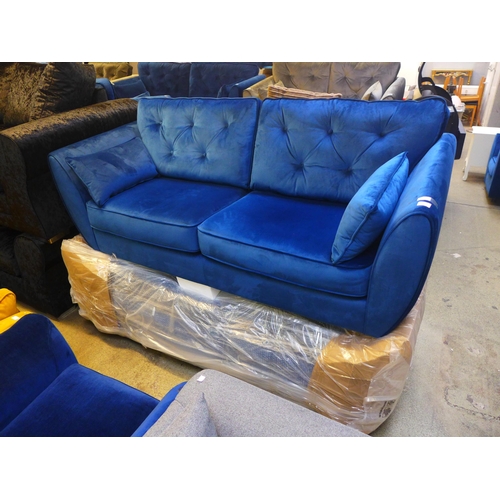 1629 - A pair of deep ocean blue velvet three seater sofa