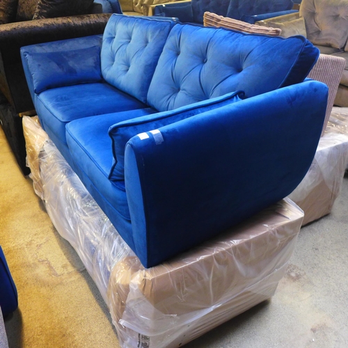 1629 - A pair of deep ocean blue velvet three seater sofa