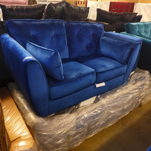 1633 - A Hoxton blue velvet two and three seater sofas and a footstool