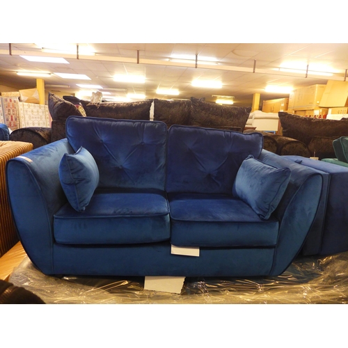 1633 - A Hoxton blue velvet two and three seater sofas and a footstool