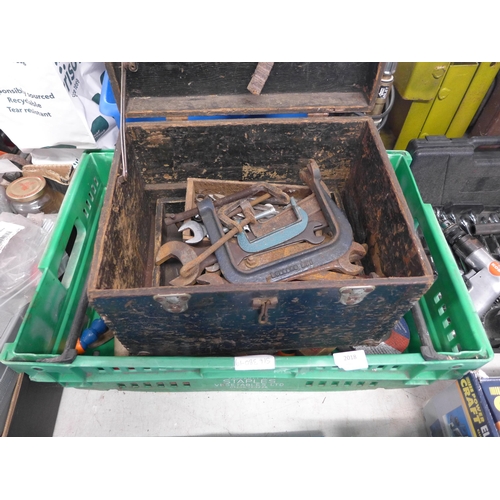 2018 - Pine work chest with various mechanic's spanners, G-clamps, plus a box of tools including hammers, c... 