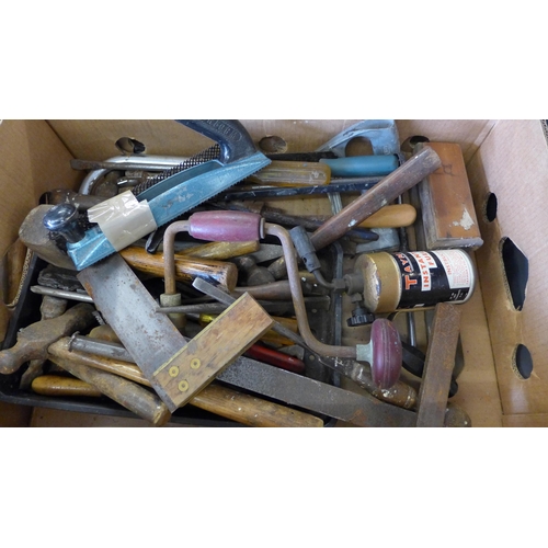 2150 - 2 Boxes containing approx 100 mixed hand tools: saws, planes, chisels etc., many vintage