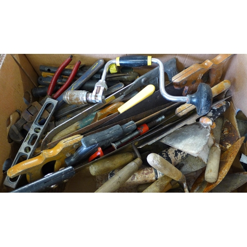 2150 - 2 Boxes containing approx 100 mixed hand tools: saws, planes, chisels etc., many vintage