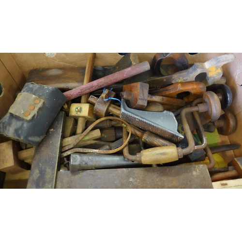 2151 - 2 boxes containing approx 100 mixed hand tools: saws, planes, chisels etc., many vintage