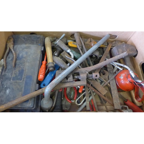 2151 - 2 boxes containing approx 100 mixed hand tools: saws, planes, chisels etc., many vintage