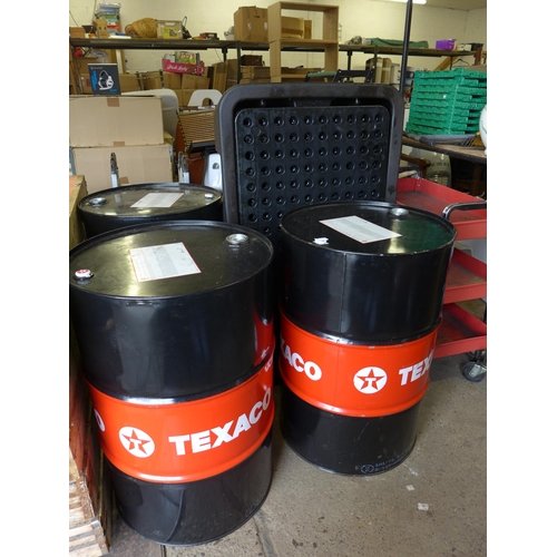 2213 - Three 200 litre Texaco oil drums with oil bund