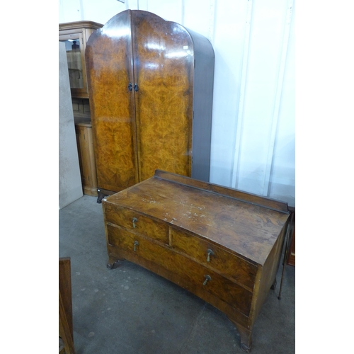 114 - A burr walnut wardrobe and chest of drawers