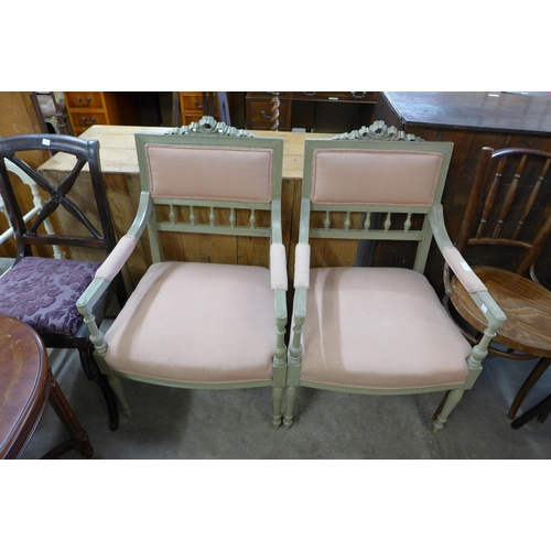 197 - A pair of French painted beech and fabric upholstered fauteuil chairs