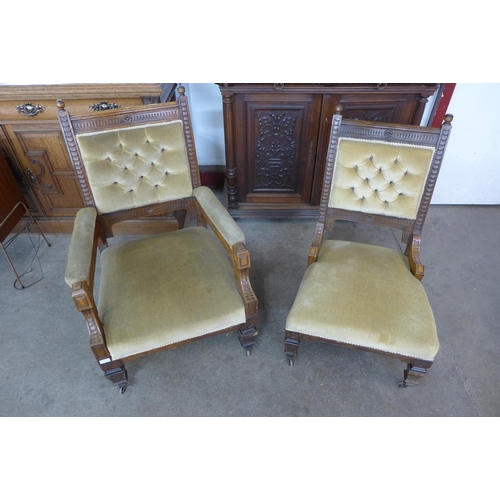 21 - A pair of Victorian Aesthetic Movement carved oak and green fabric upholstered lady's and gentleman'... 