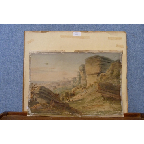 291 - John Varley (1778-1842), landscape with church and town in the distance, watercolour, unframed