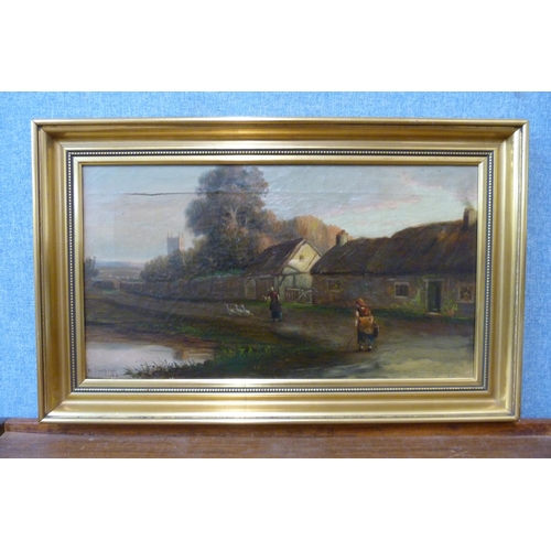 294 - W. Simpson , rural landscape with figures by a cottage, oil on canvas, dated 1983, framed a/f