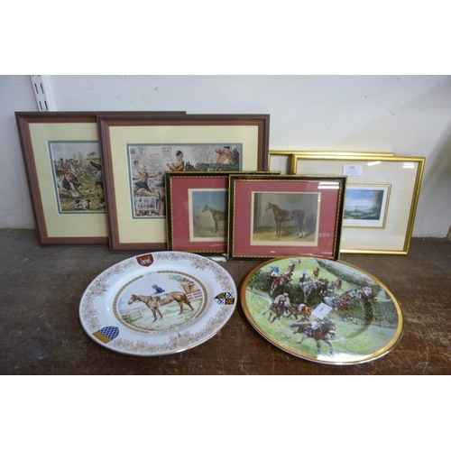 308 - Two equestrian related prints, four other prints and two collectors plates