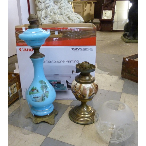 377A - A Victorian turquoise glass oil lamp and one other