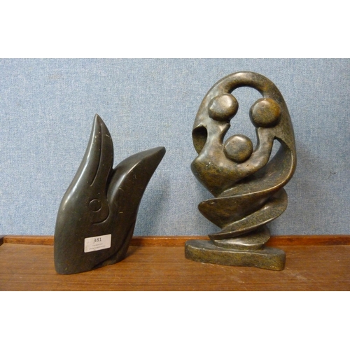 381 - Kennedy Musekiwa (Zimbabwean b.1962), carved hardstone dolphin, 22cms h and another unsigned hardsto... 