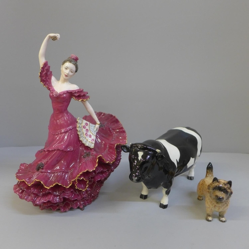 608 - A Coalport figure of a Flamenco dancer, a Beswick bull, Ch. Coddington Hilt Bar, one horn missing an... 