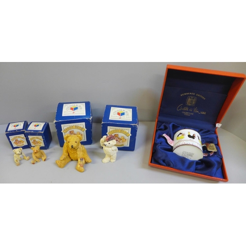 633 - A Charlotte di Vita limited edition enamel teapot, boxed and four Colour Box Teddies