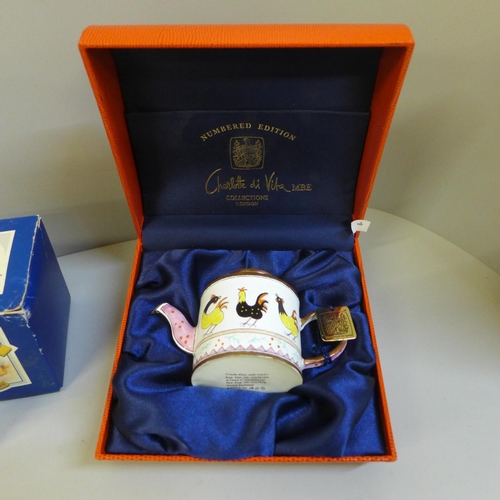 633 - A Charlotte di Vita limited edition enamel teapot, boxed and four Colour Box Teddies