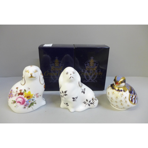 643 - Three Royal Derby paperweights including Red Legged Partridge, two boxed