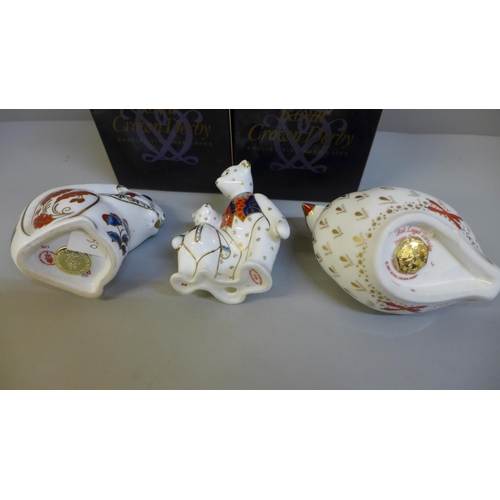 644 - Three Royal Derby paperweights including squirrel and teddy bears, two boxed