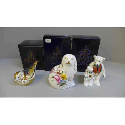 645 - Three Royal Crown Derby paperweights, Spaniel, Firecrest and Daddy & George, boxed