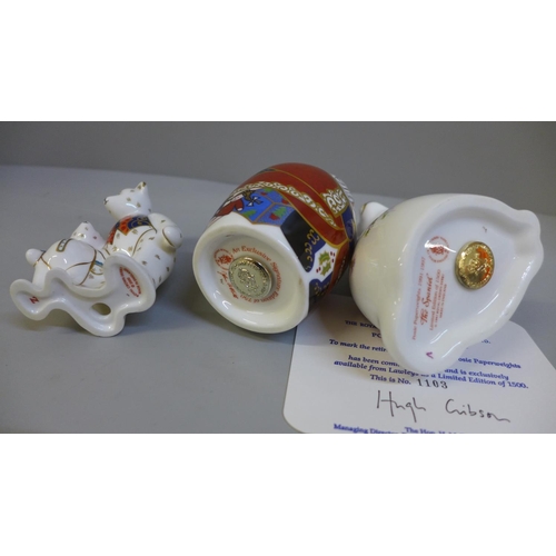 646 - Three Royal Crown Derby paperweights, Santa Claus, Spaniel and Daddy & George, boxed