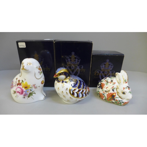 647 - Three Royal Crown Derby paperweights, Spaniel, Meadow Rabbit and Red Legged Partridge, boxed