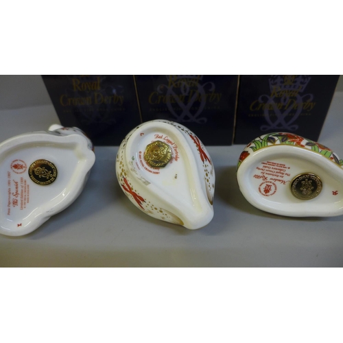 647 - Three Royal Crown Derby paperweights, Spaniel, Meadow Rabbit and Red Legged Partridge, boxed