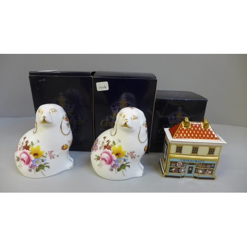 649 - Three Royal Crown Derby paperweights, Spaniel x2 and The Special Edition China Shop, boxed