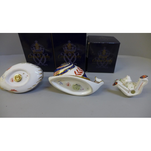 650 - Three Royal Crown Derby paperweights, Snail, Duck and Teddy Bear, boxed