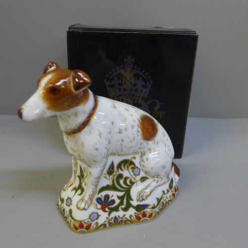 651 - A Royal Crown Derby paperweight, Jackie, Pre-release of 300 Jack Russells for Roberts China, USA, bo... 