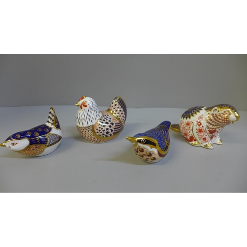 656 - Four Royal Crown Derby paperweights including Hen and Beaver, all with gold stoppers