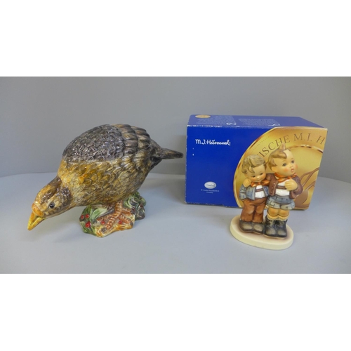 658 - A Staffordshire model of a quail, a Beswick barn owl and three Hummel figures, one boxed