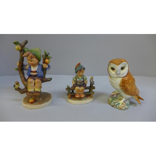 658 - A Staffordshire model of a quail, a Beswick barn owl and three Hummel figures, one boxed