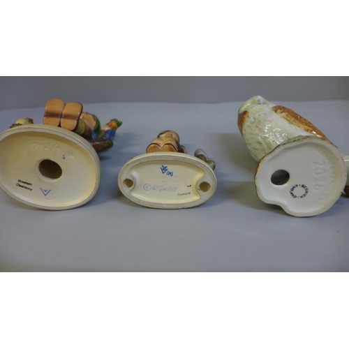 658 - A Staffordshire model of a quail, a Beswick barn owl and three Hummel figures, one boxed