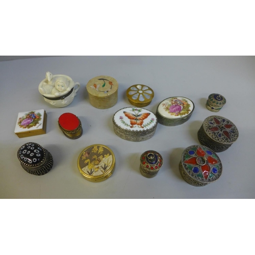 669 - Thirteen small metal and porcelain boxes including Limoges