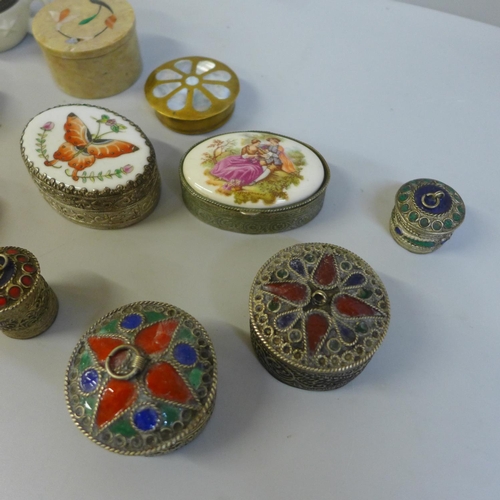 669 - Thirteen small metal and porcelain boxes including Limoges