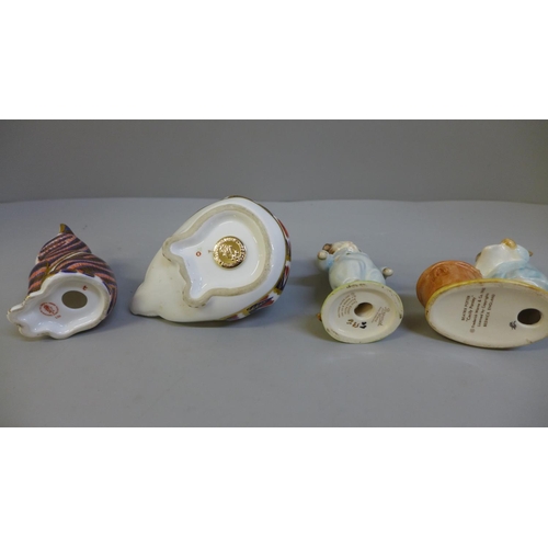 670 - Two Royal Crown Derby paperweights. Hedgehog and Kitten and two Beswick Beatrice Potter figures