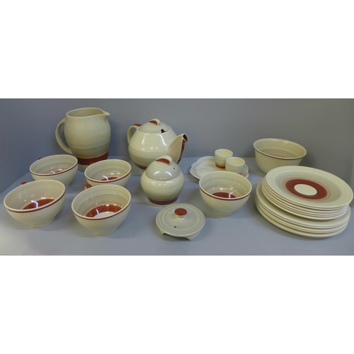 680 - Susie Cooper teawares including tea pot, four cups, six saucers  and tea plates, jug, sugar bowls, e... 