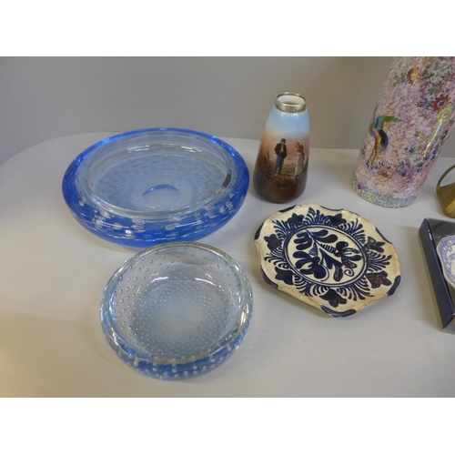 690 - A pair of Art Nouveau style posy vases, a Lustre vase, a controlled bubble glass ash tray and dish, ... 